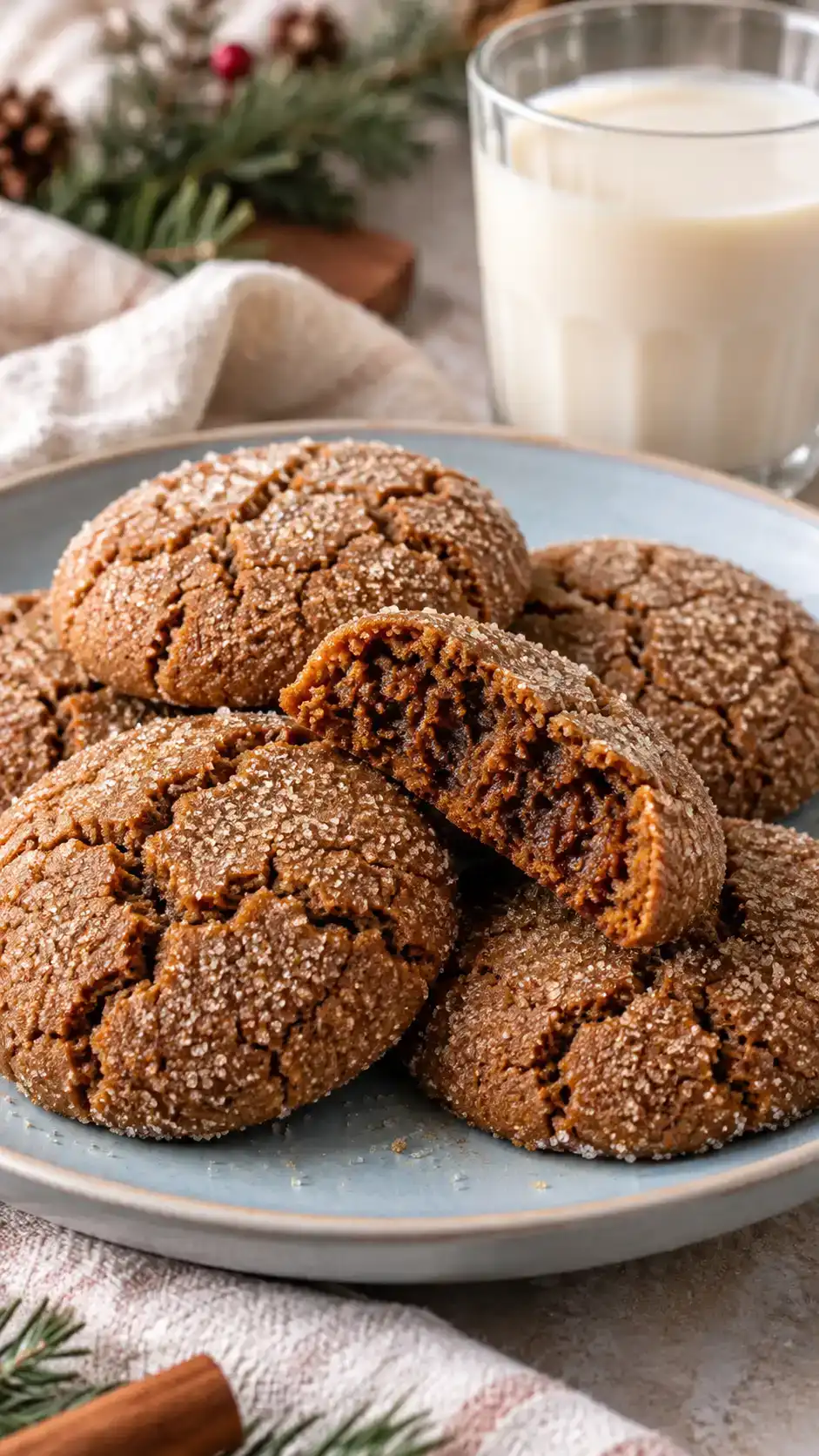 Soft vegan gingerbread drop cookies with a fine sugar crust, gentle cracks and tender molasses centers, made without eggs or a flax egg.