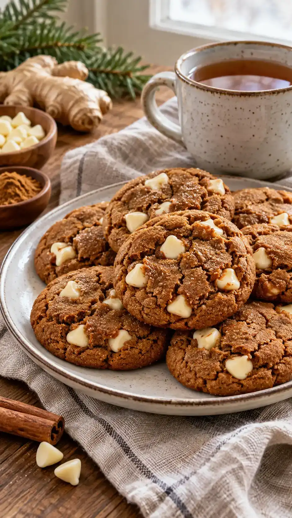 Chewy molasses gingerbread drop cookies with visible creamy white chocolate chips baked throughout the dough.