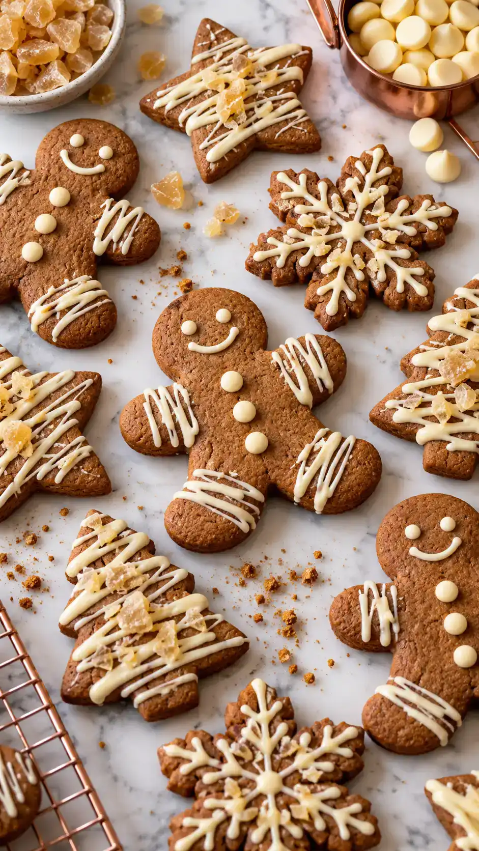 Gingerbread cut-outs finished with a creamy white chocolate drizzle and finely chopped crystallized ginger.