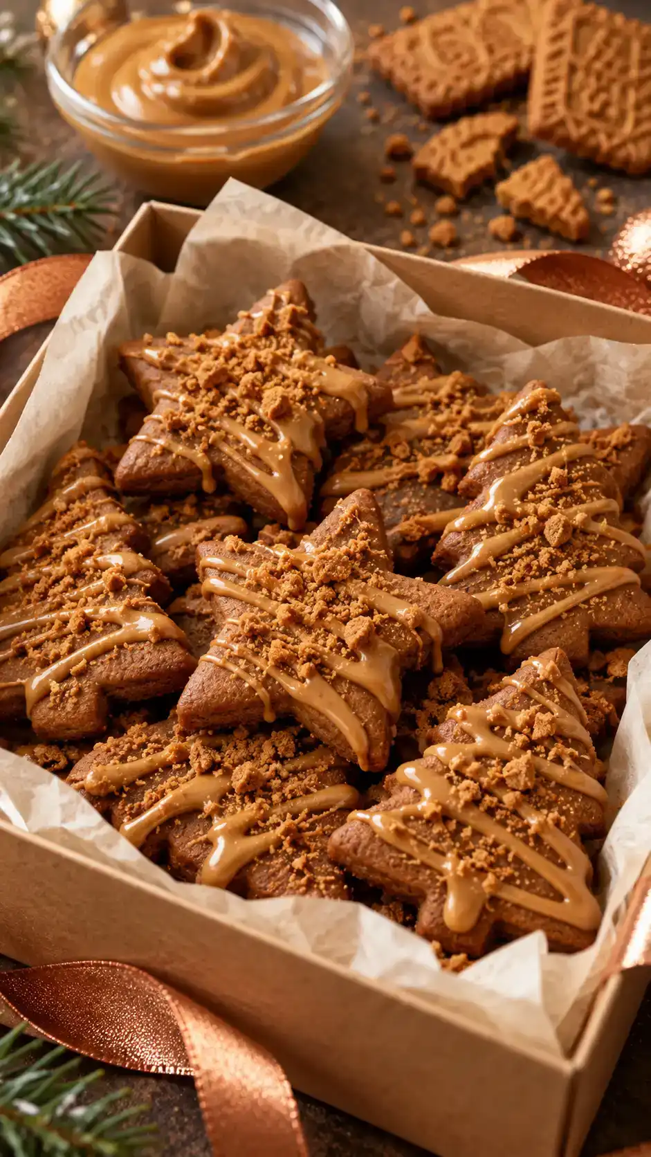 Gingerbread cut-outs drizzled with tan Biscoff cookie butter and finished with crunchy speculoos cookie crumbs.