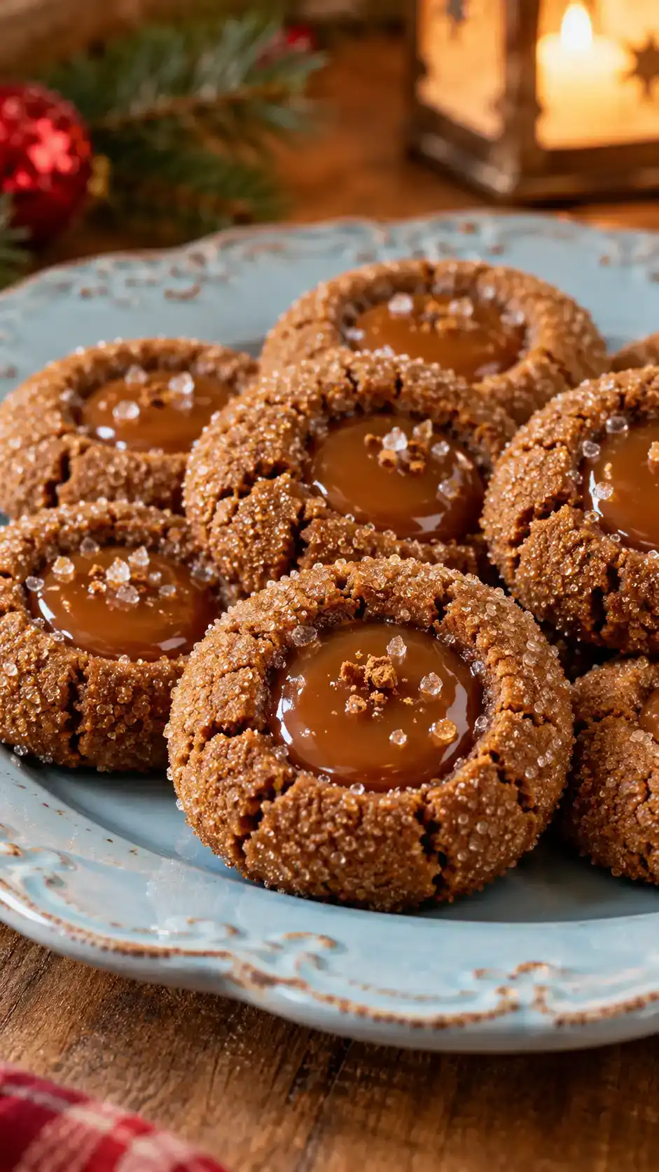 Sugar-crusted gingerbread thumbprint cookies with clearly defined wells filled with thick, glossy caramel.
