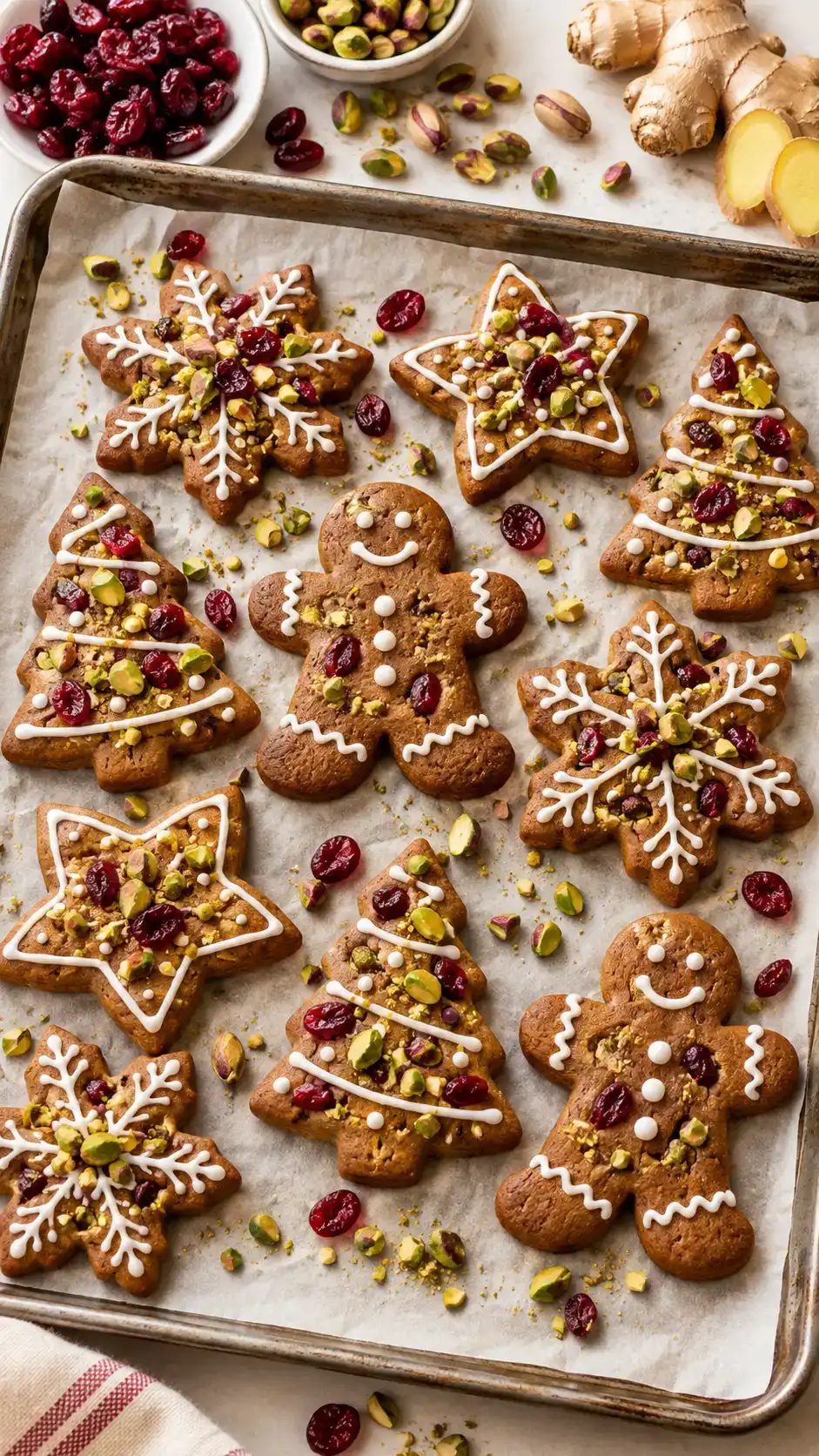Cranberry pistachio gingerbread cut-outs with ruby dried cranberries and green chopped pistachios attached to white icing details.