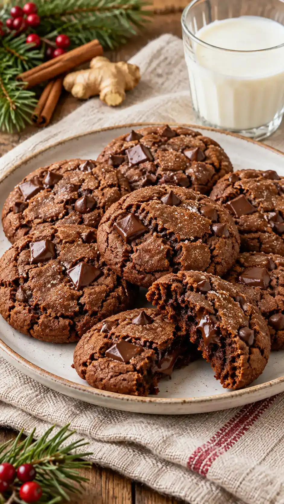 Double chocolate gingerbread drop cookies with cocoa-molasses dough, warm spices and visible semisweet chocolate pockets.