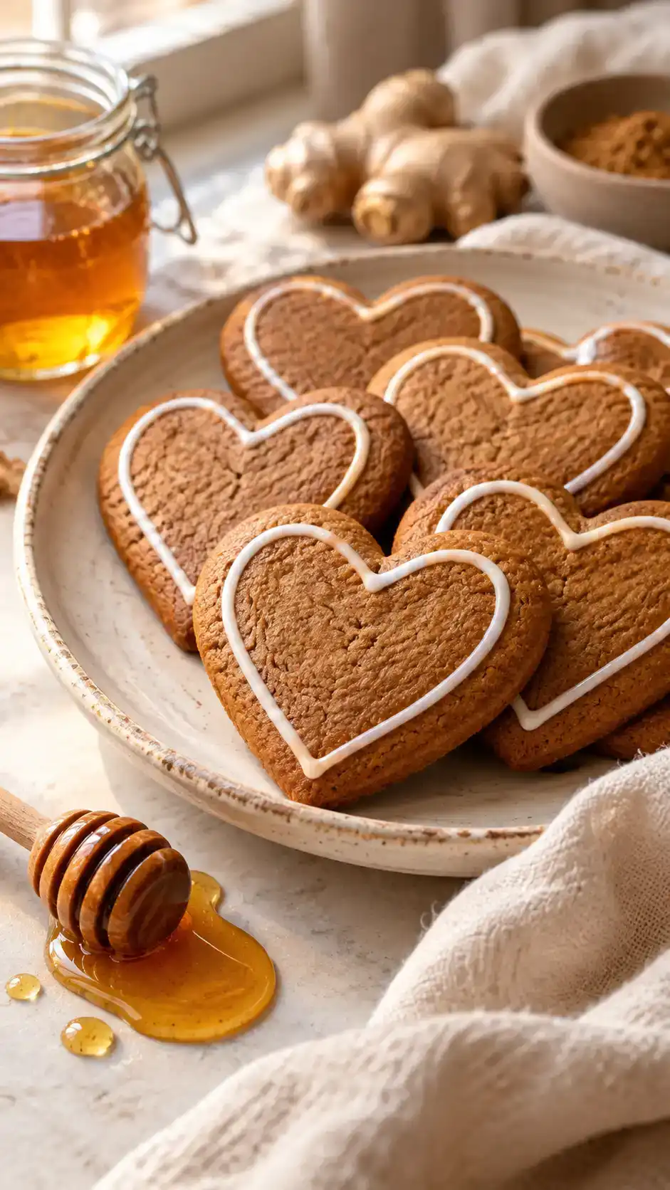 Golden honey gingerbread hearts made with mild honey, a little molasses and warm spices, with optional delicate icing outlines.