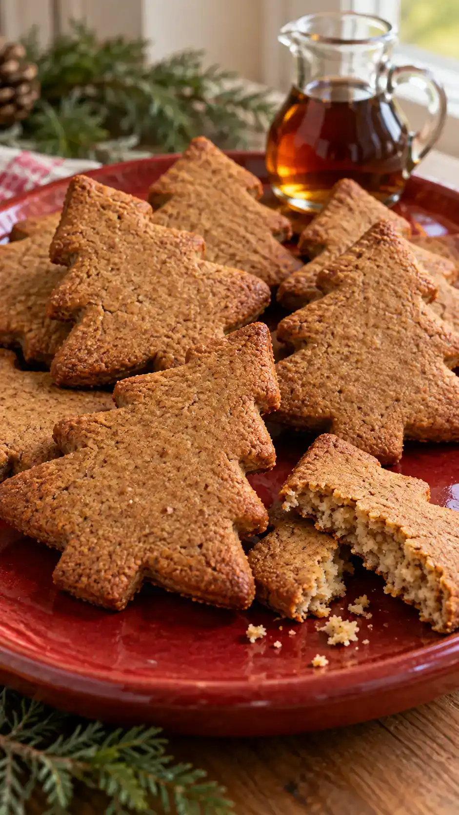 Maple-sweetened almond-flour gingerbread trees with a little molasses and a delicate nutty crumb, served without icing.