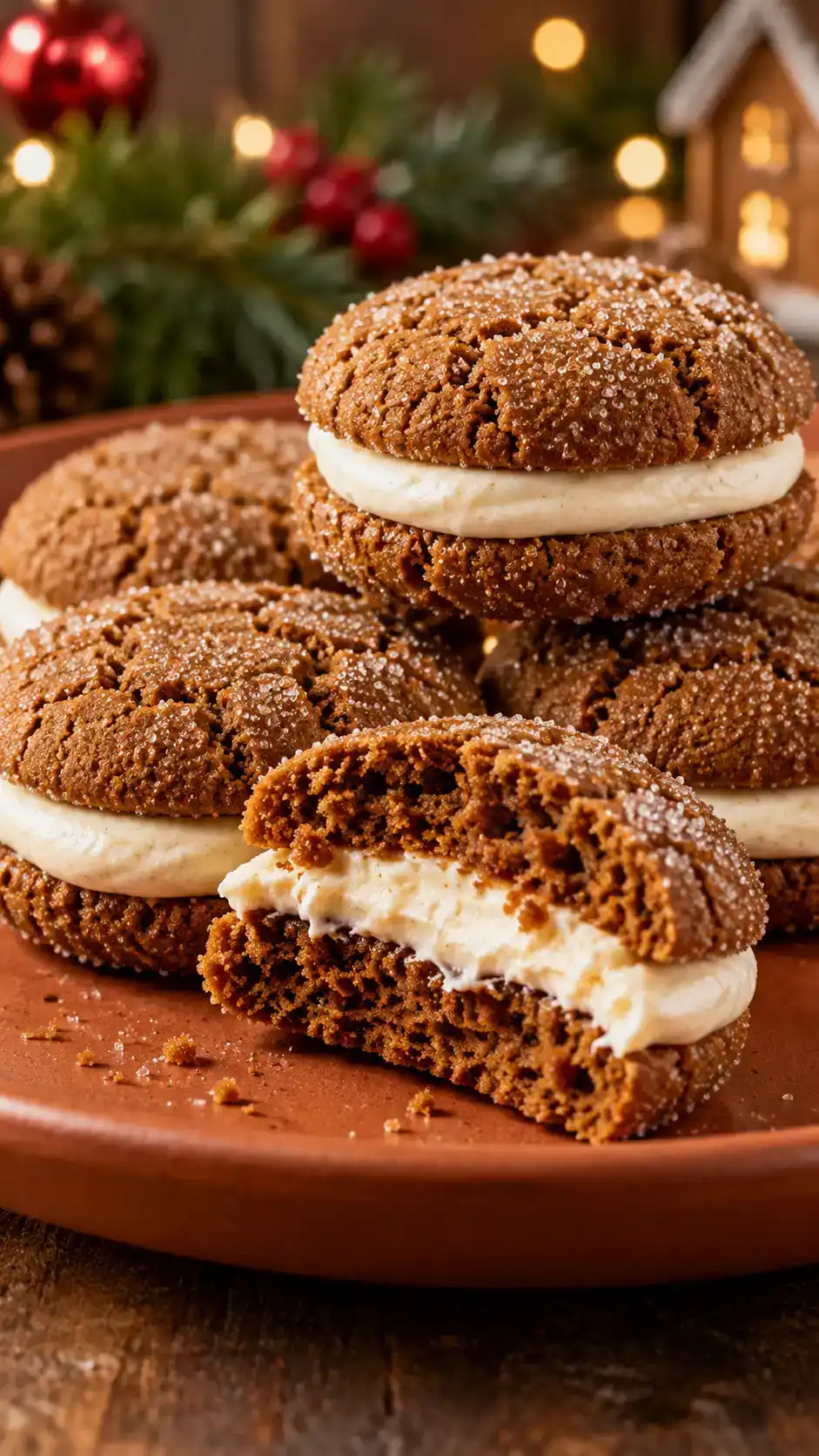 Sugar-crusted molasses gingerbread sandwich cookies with a generous vanilla cream cheese filling and soft, spicy centers.