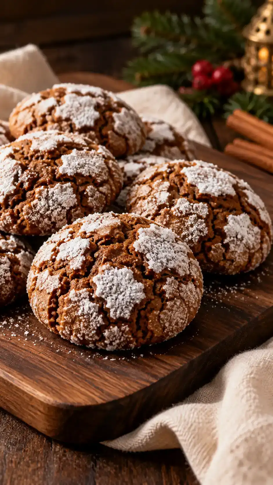 Large gingerbread crinkle cookies with a snowy powdered-sugar crust, deep cracks and soft molasses-spice centers.