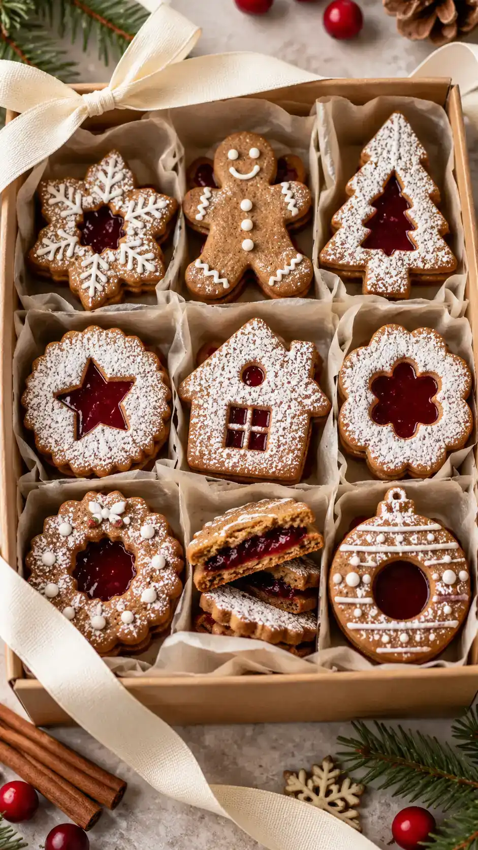 Gingerbread-spiced almond Linzer cookies with raspberry jam windows and lightly dusted snowy tops.