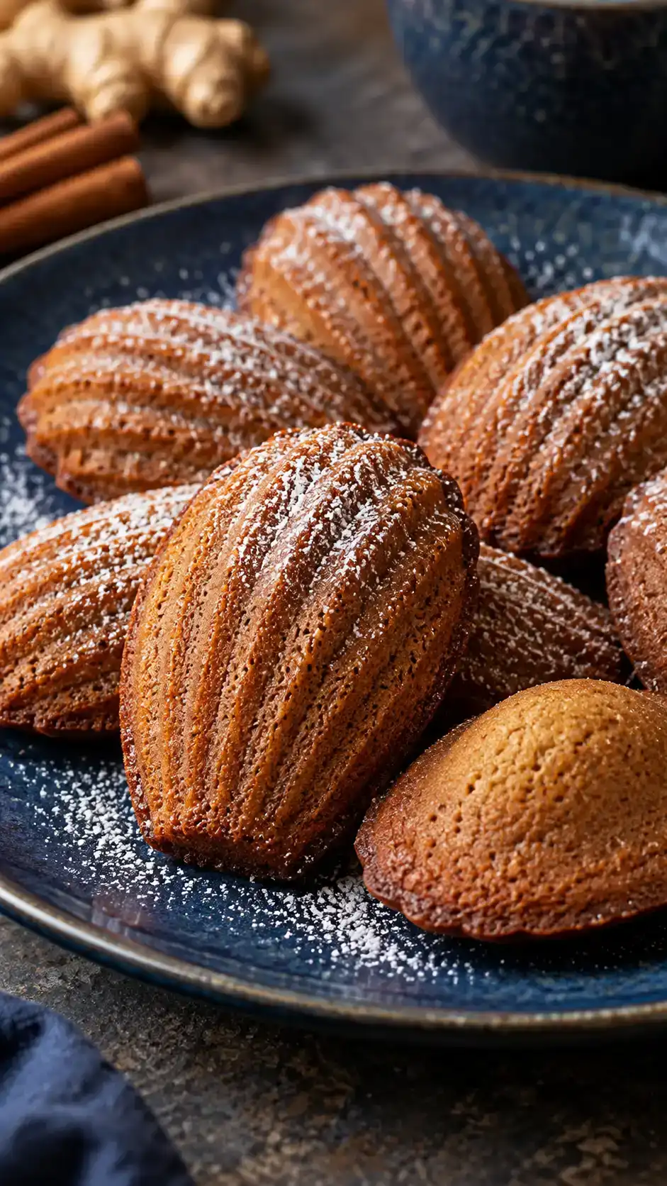 Buttery gingerbread-spiced madeleines with distinct shell ridges, a tender sponge crumb and a light sugar dusting.