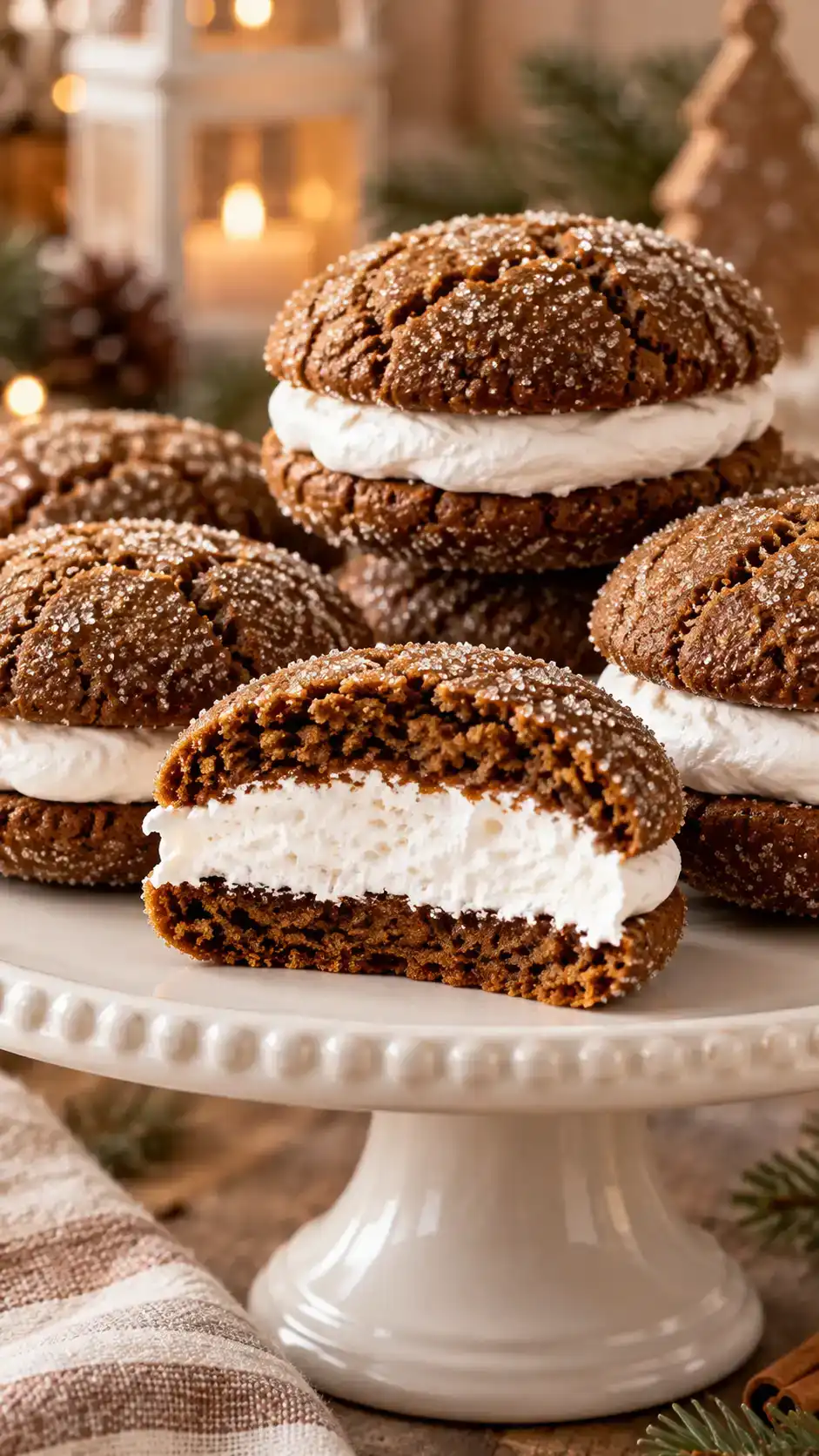 Chewy gingerbread sandwich cookies with a generous fluffy white marshmallow cream center between two sugar-crusted molasses cookie halves.
