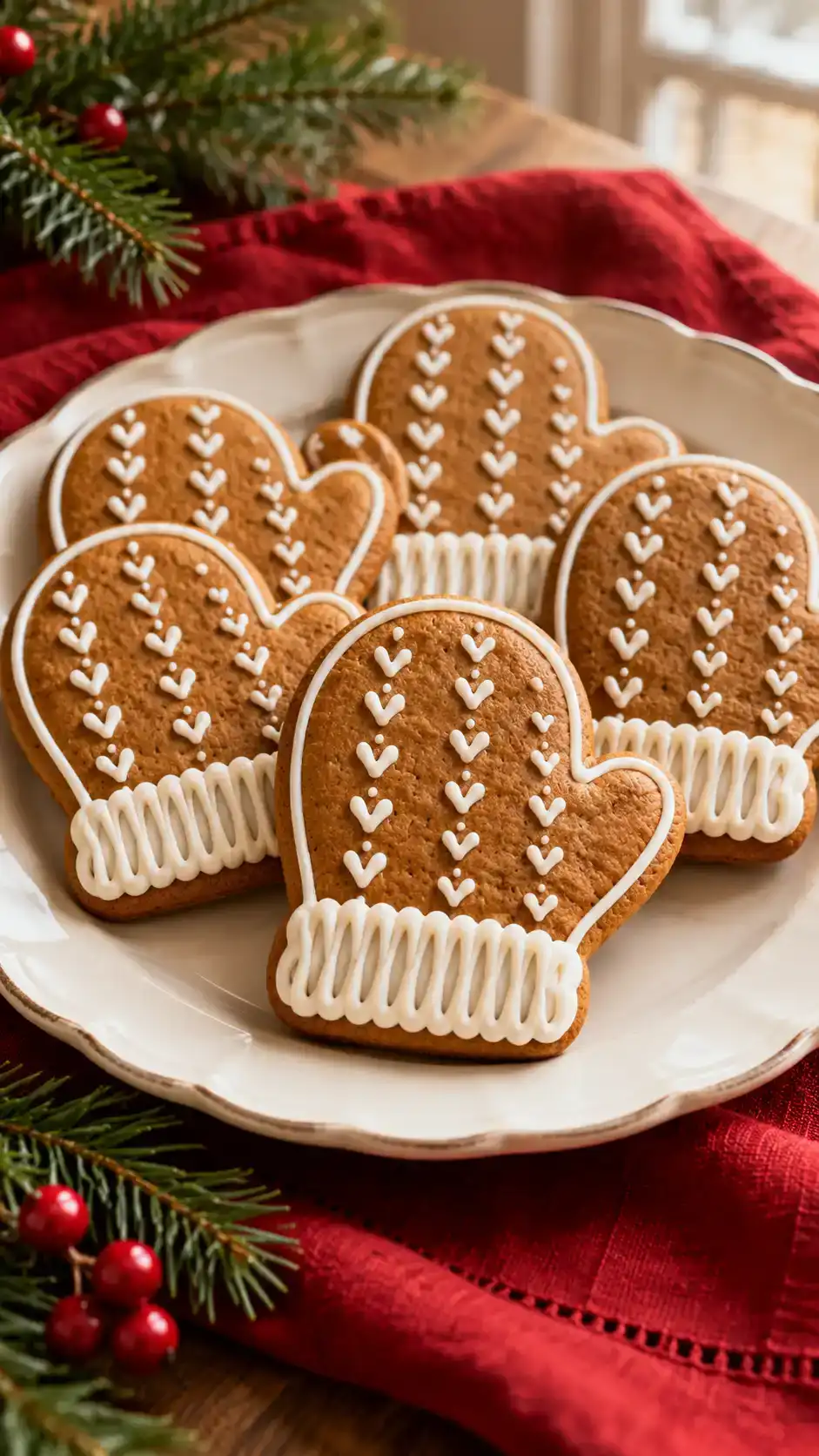 Gingerbread mitten cookies with clearly defined Christmas shapes and simple white icing details.