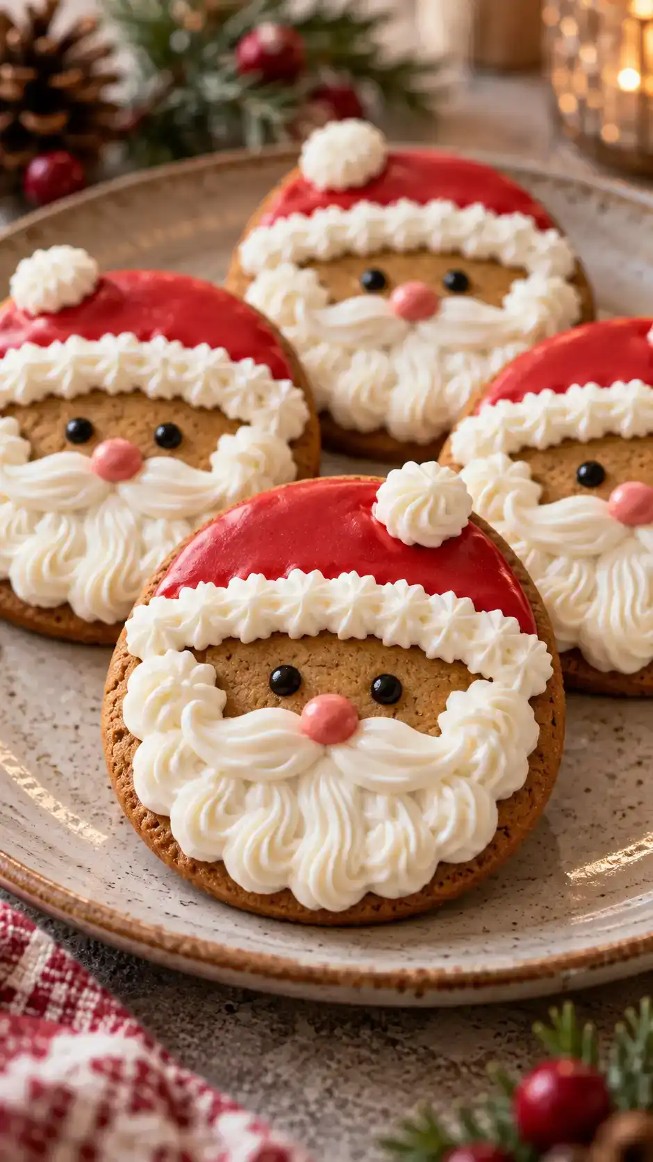 Round gingerbread Santa cookies with red icing hats, fluffy-looking white icing beards and a simple bare-cookie face.