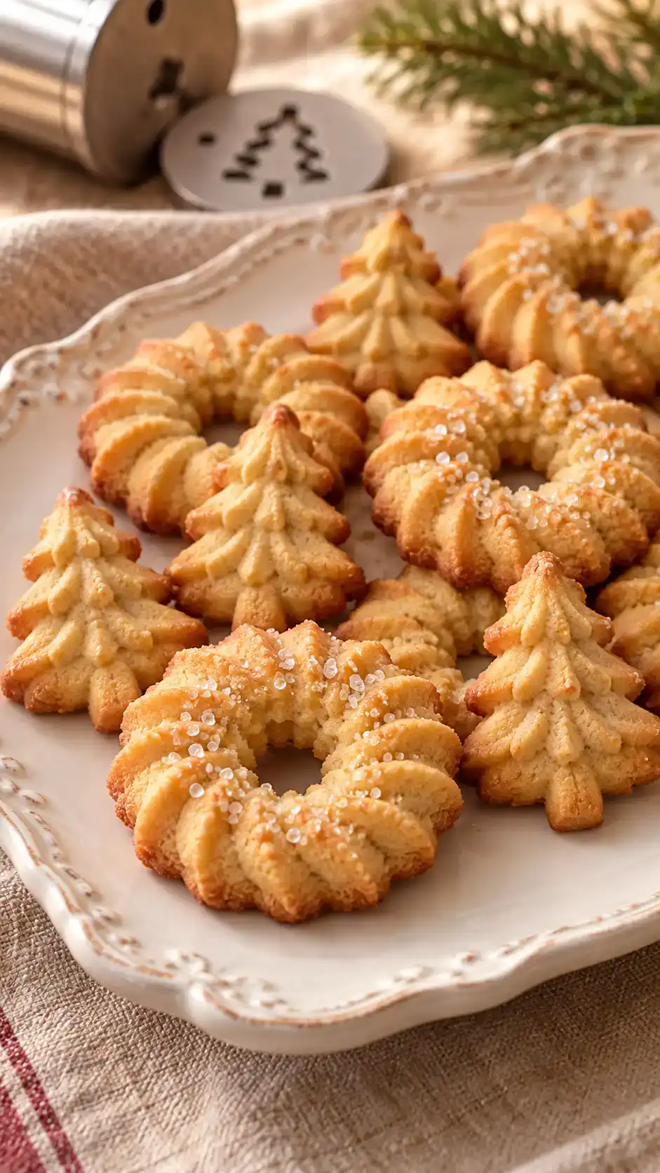 Golden gingerbread-spiced spritz wreaths and Christmas trees with clearly defined cookie-press ridges and sparkling sugar.