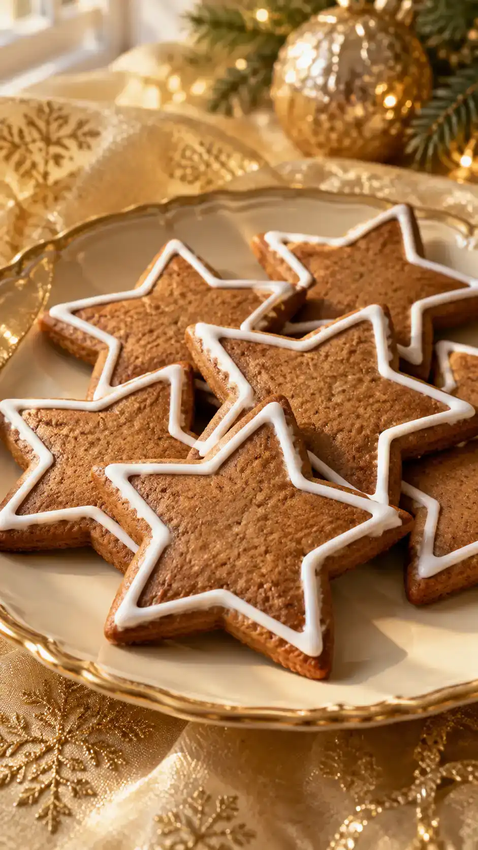 Gingerbread star cut-out cookies with a clear Christmas silhouette and fine white icing details.