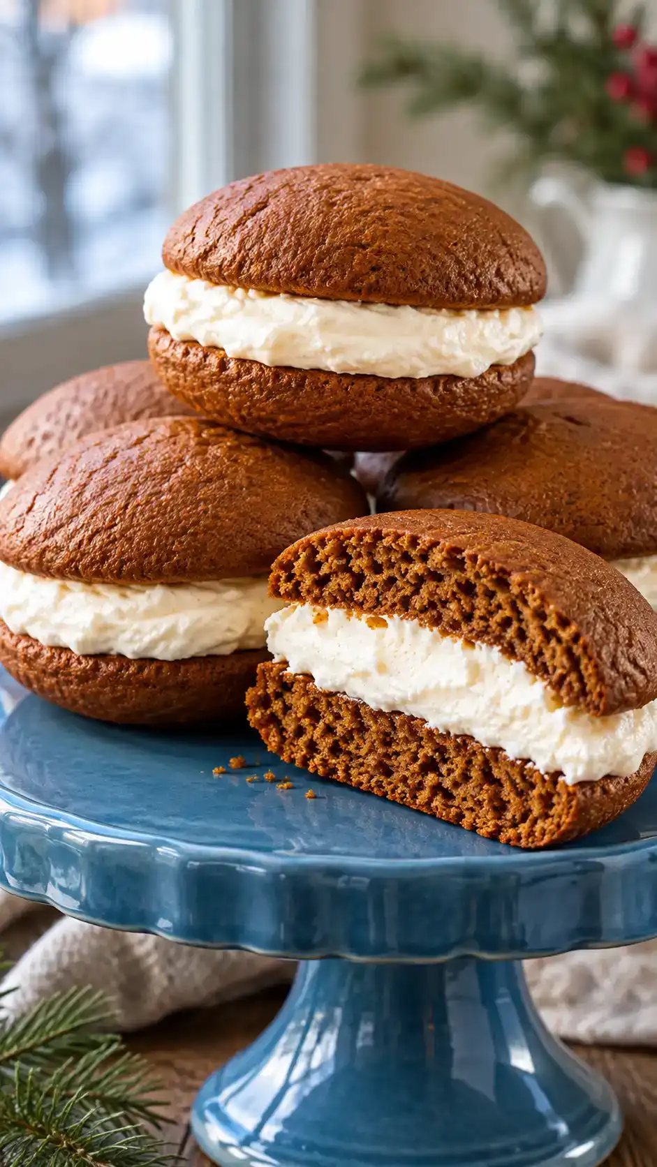 Soft cakey gingerbread whoopie pies with domed buttermilk cake halves and a generous fluffy vanilla marshmallow filling.