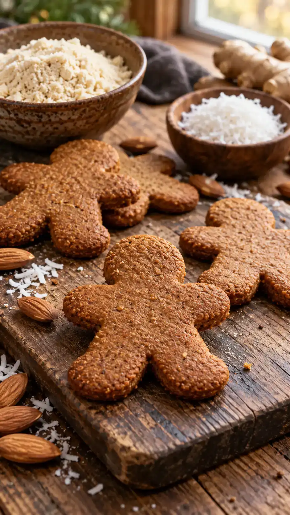 Paleo-style gingerbread people with almond flour, tapioca, maple syrup and coconut oil, served plain without conventional icing.