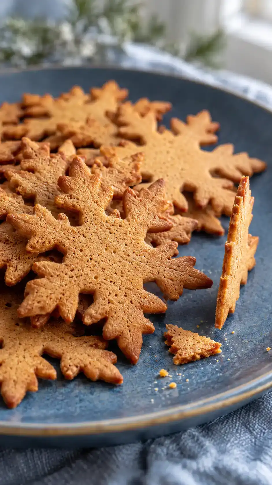 Thin and crisp gingerbread snowflakes with an even 1/8-inch thickness and a clean snap, served without icing.