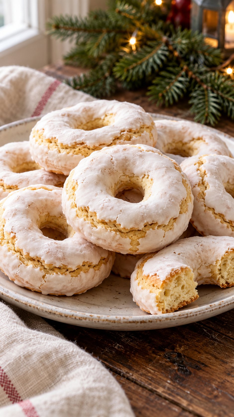 Calabrian-style egg-dough rings, boiled, scored around their outer edge and baked before receiving an opaque egg-free lemon sugar coat.
