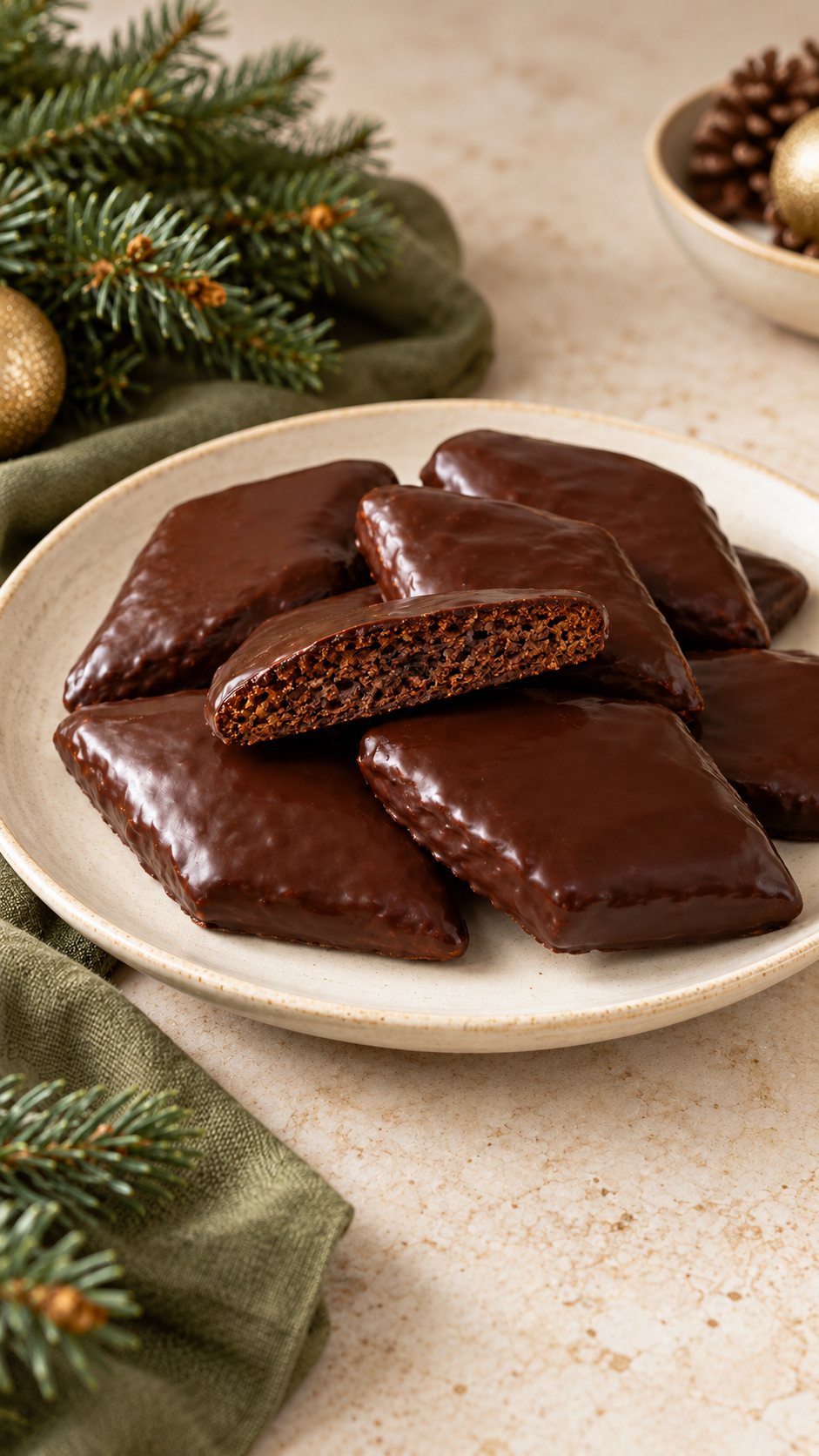 Diamond-shaped cocoa and orange spice cookies finished with dark chocolate.
