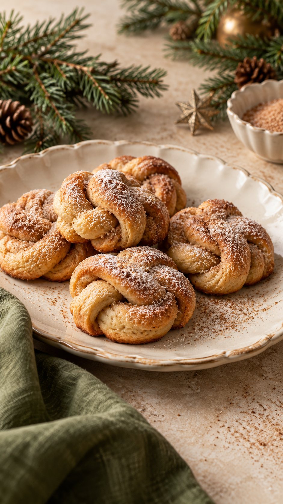 Tender knotted cookies with warm cinnamon and a light sugar coating.