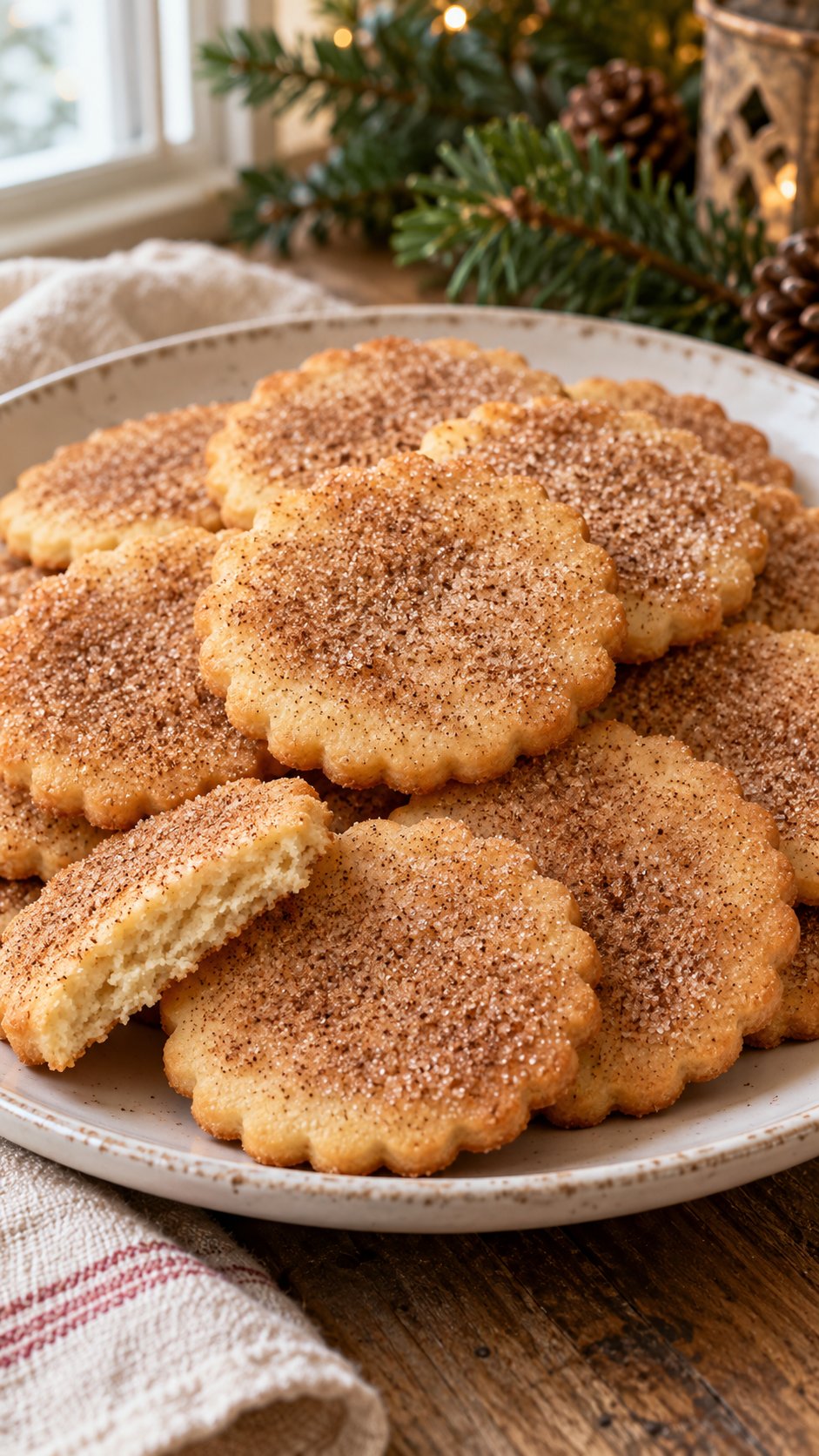 Thin scalloped butter frollini with a baked-on cinnamon-sugar crust and crisp golden edges.