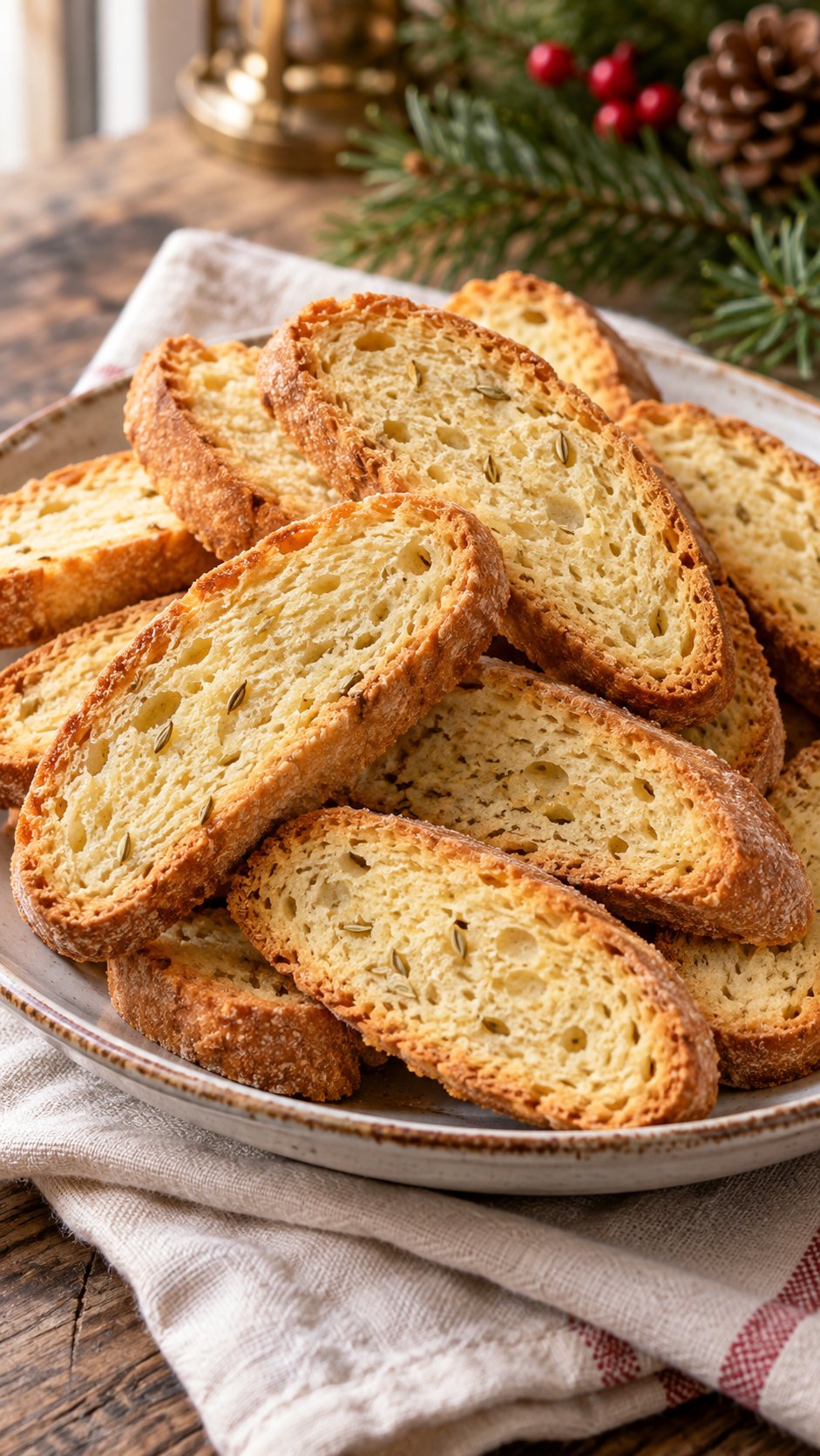 Yeast-raised Genovese-style sweet bread slices with fennel seeds, rested overnight and toasted until dry and golden.