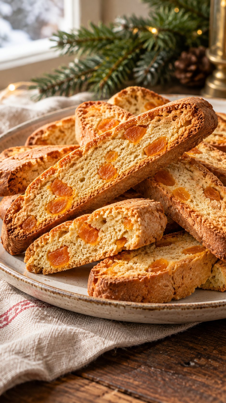 Amber biscotti sweetened with honey and studded with dried apricot pieces.