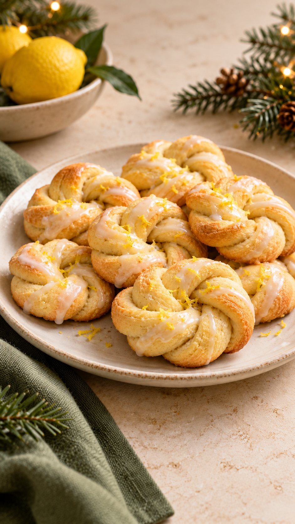 Little lemon-scented dough knots with a bright glaze, lovely on a Christmas tray.