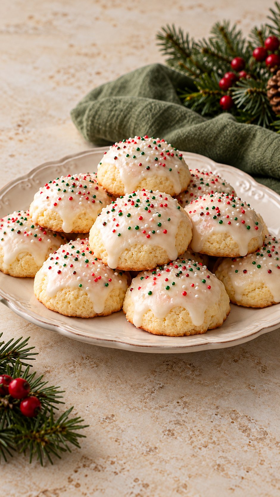 Soft vanilla cookies with ricotta, a light lemon glaze and festive sprinkles.