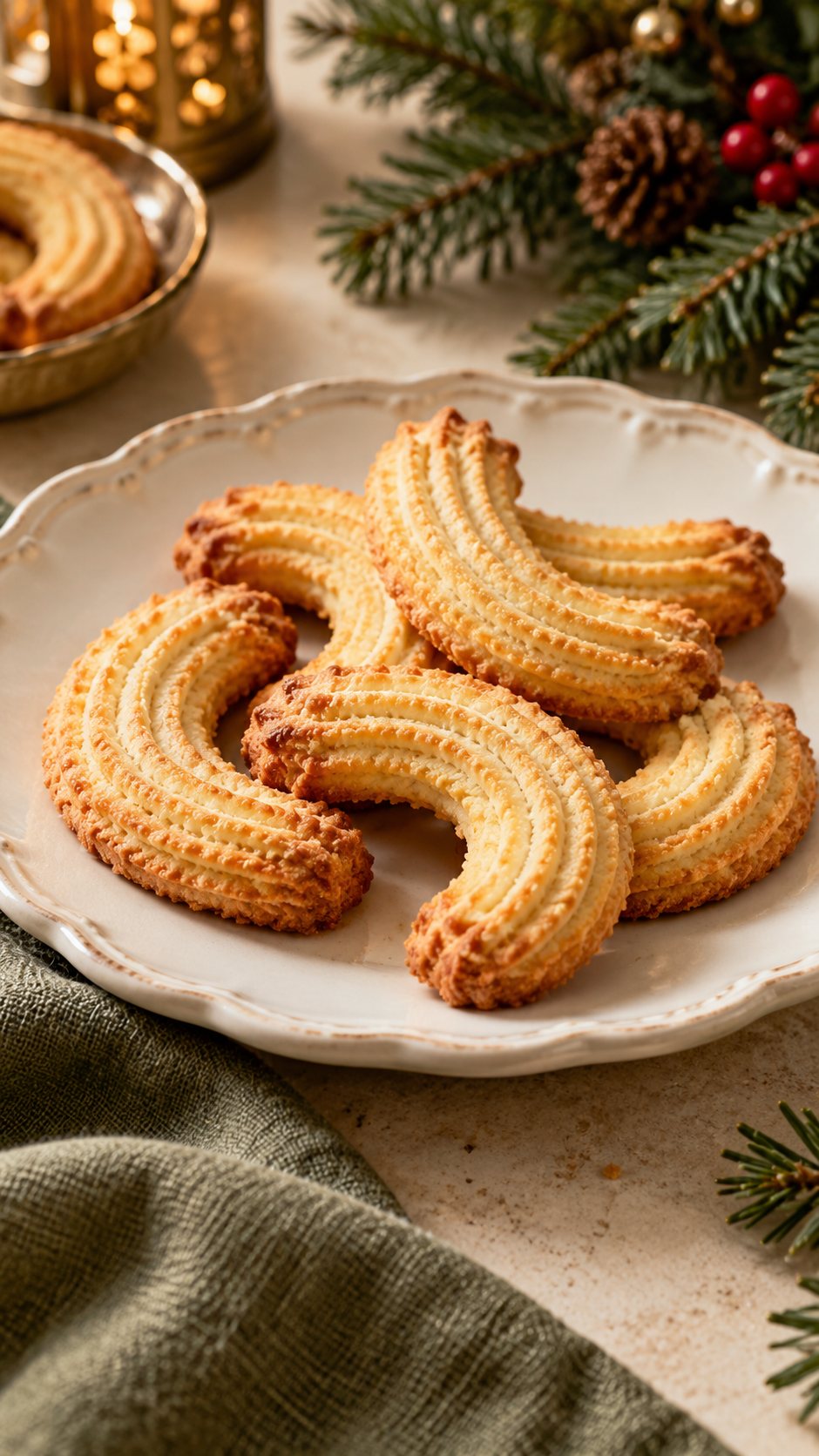 Ridged, gently curved butter cookies with a rich vanilla and egg-yolk dough.