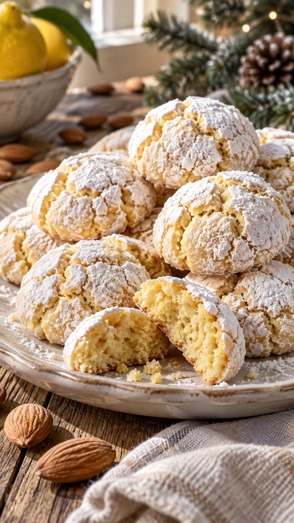 A home adaptation of lemon amaretti: small almond domes with fragrant zest, a cracked sugar shell and a chewy center.