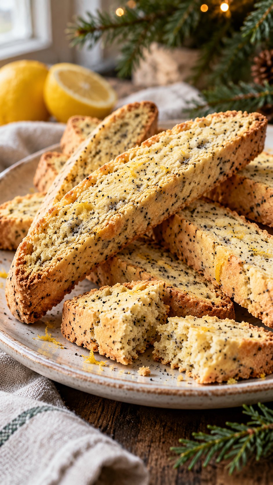 Pale golden biscotti dotted with poppy seeds and bright lemon zest.