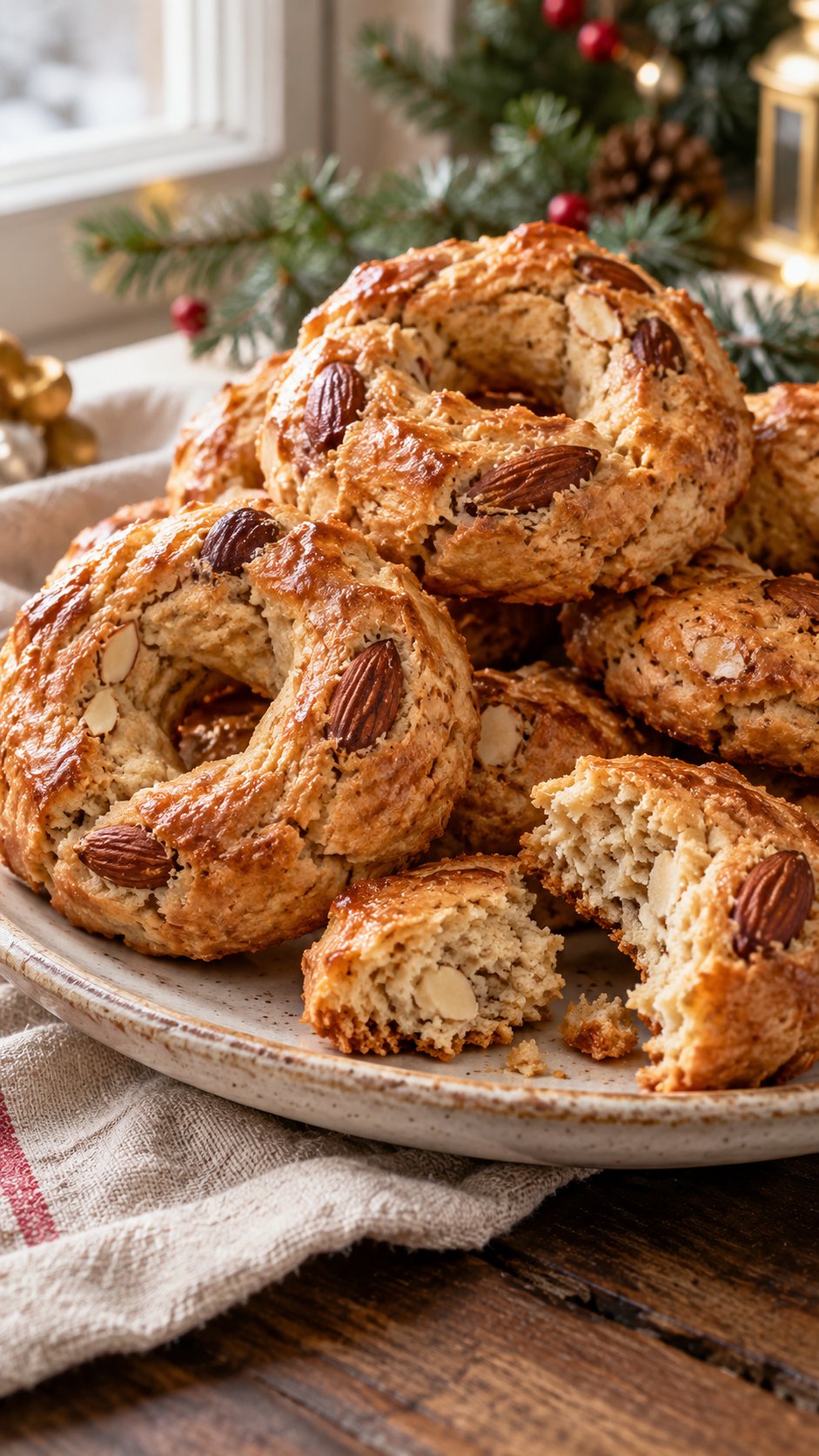 Rustic almond rings with citrus and pisto spices, made as a smaller, less-hard home interpretation of Neapolitan roccocò.