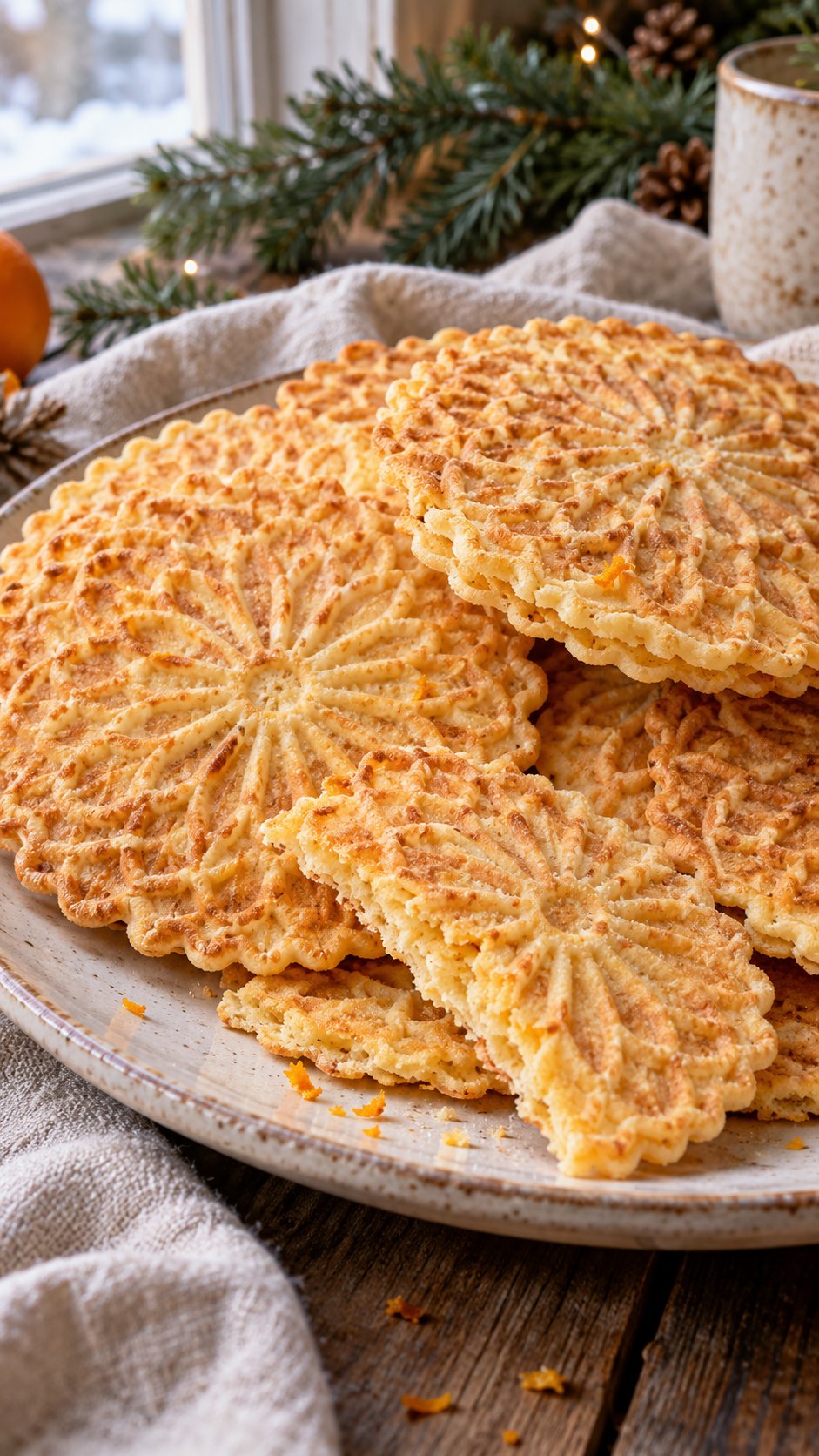 Crisp golden patterned wafers scented with orange zest, a home variation on Abruzzese ferratelle.