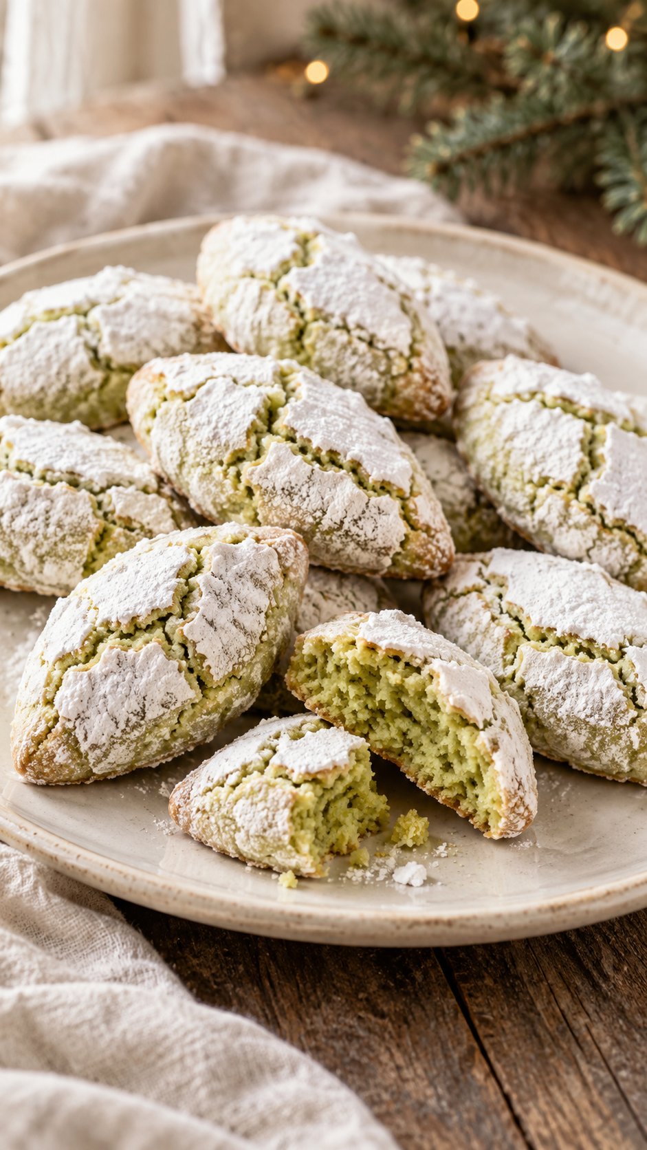 Flattened pointed pistachio ovals with a snowy crackled sugar top and a tender green interior, an Italian-inspired ricciarelli variation.