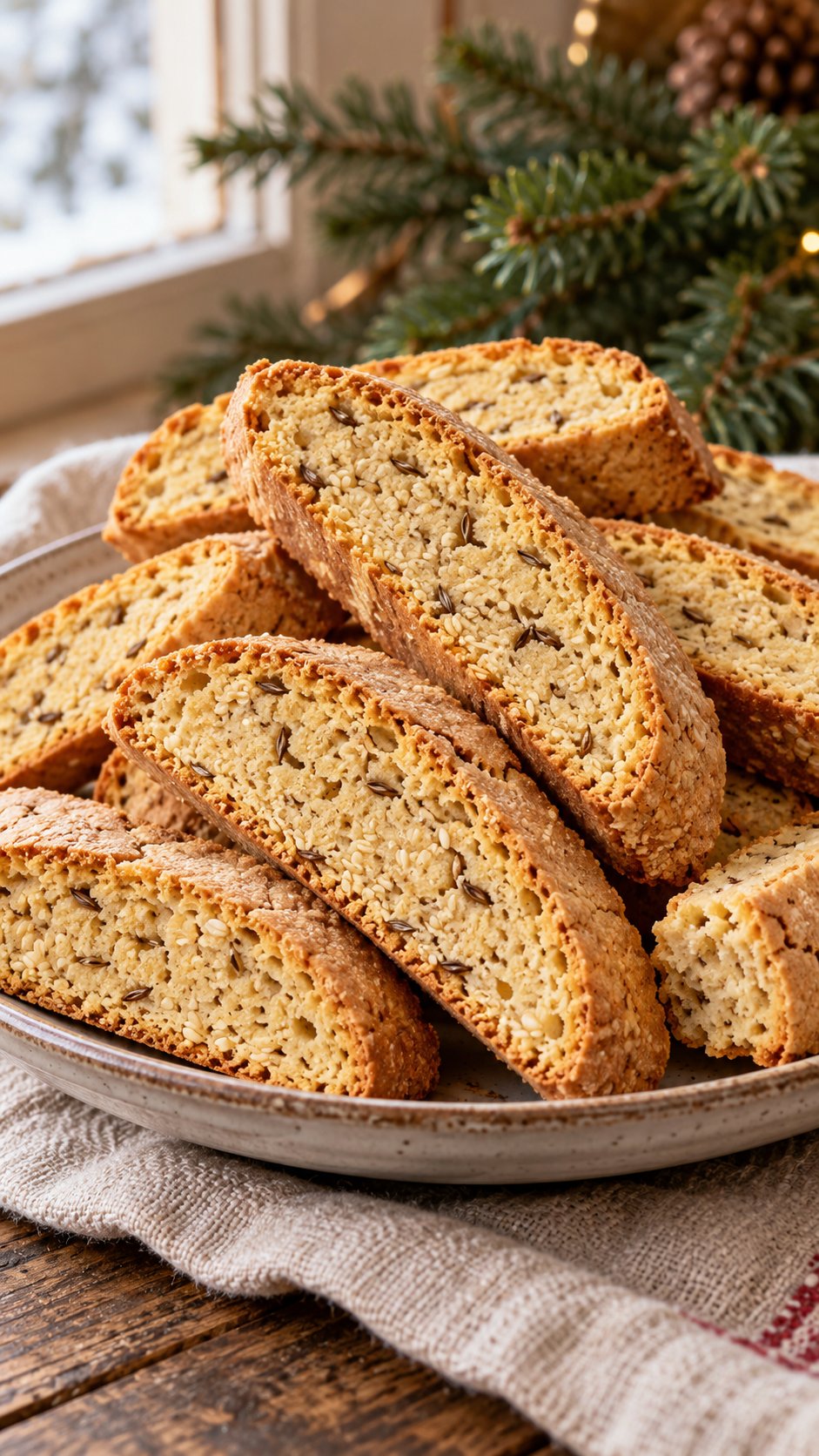Small-seeded biscotti with toasted sesame and gently crushed anise dispersed through the dough.