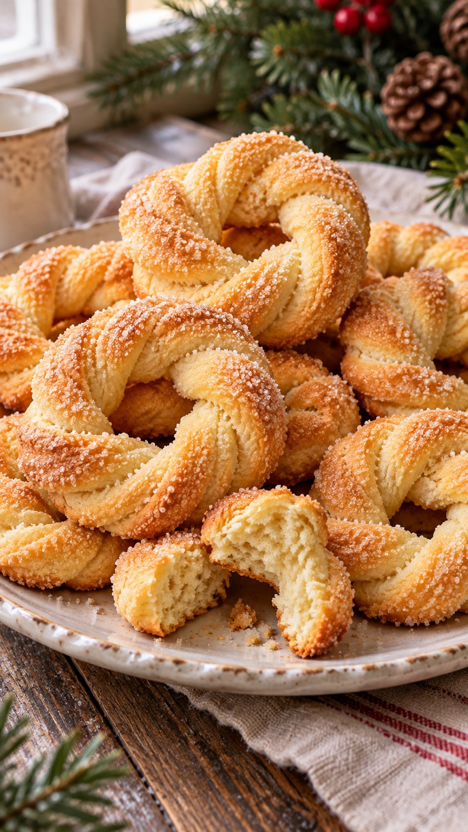 Light yeast-raised butter cookies shaped into twisted teardrop loops with a crisp sugar crust.