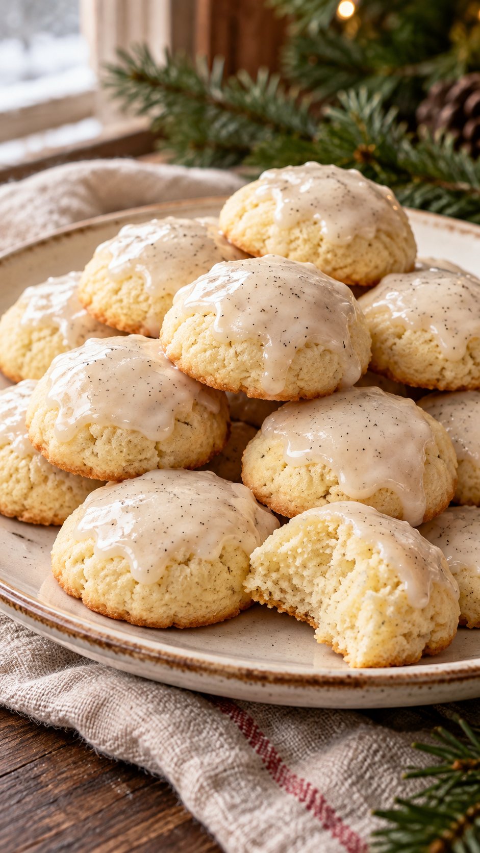 Soft vanilla-seed ricotta domes with a vanilla-flecked milk glaze, an Italian-style home adaptation.