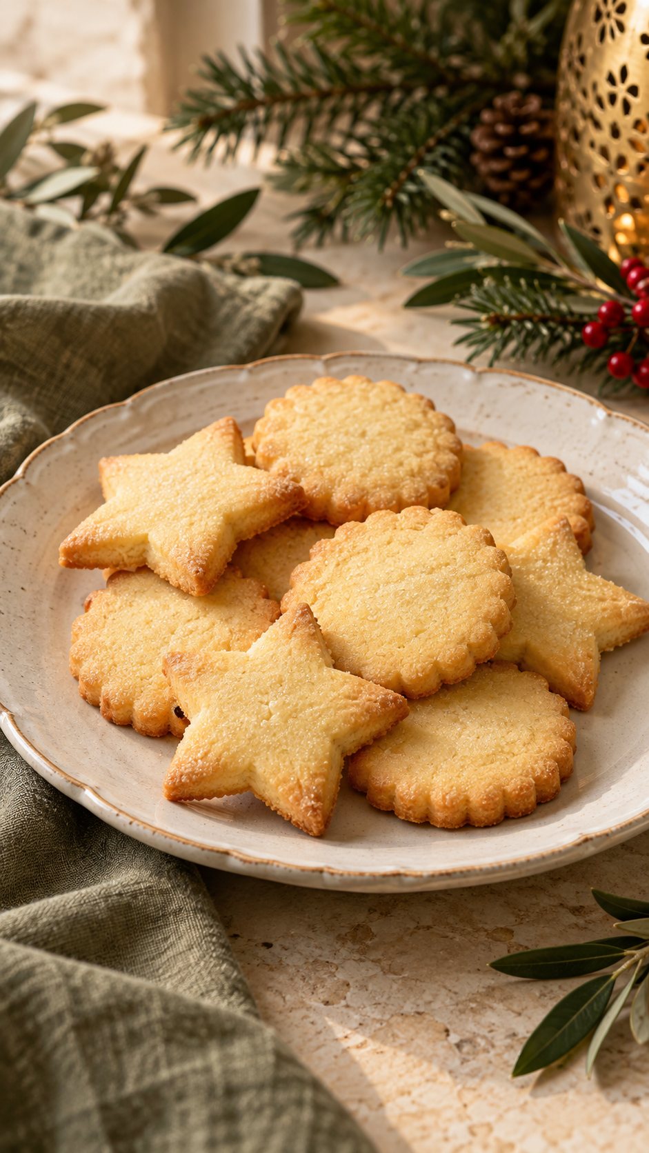 Simple vanilla shortcrust stars and circles for an Italian-style Christmas tin.