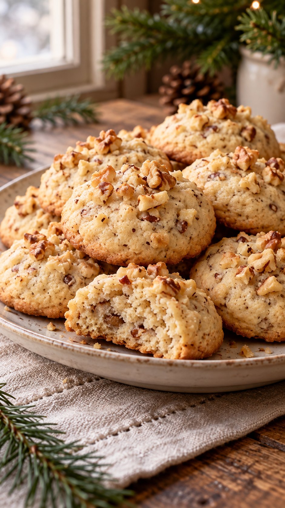 Brown-sugar ricotta cookies with finely chopped walnuts and toasted nut tops, an Italian-style home adaptation.
